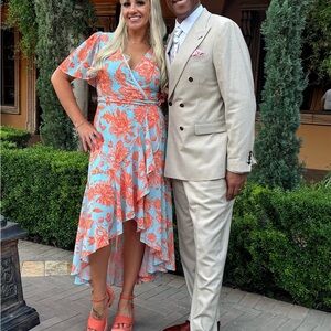 Vici Light Blue & Coral Floral Asymmetrical Wrap Dress